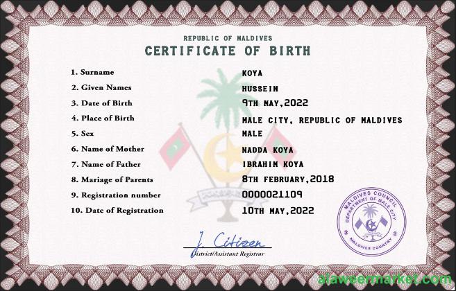 Maldives vital record birth certificate PSD template